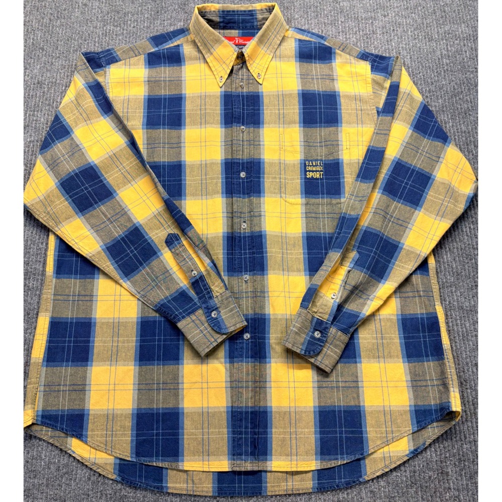 Daniel Cremieux Sport Mens XL Yellow Navy Blue Plaid Cotton Button Down Shirt